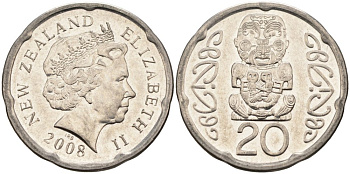Новая Зеландия 20 центов 2008 Елизавета II (1952-2022), идол Пукаки KM 118а никелированная сталь 4579-1222