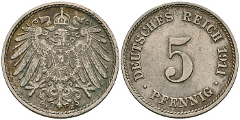 Германия 5 пфеннигов 1911 E KM 11, Jager 12, Weege 6 медно-никель 08-1322