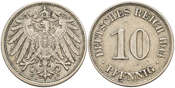 Германия 10 пфеннигов 1914 J KM 12, Jager 13, Weege 8 медно-никель 219-244