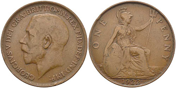 Великобритания 1 пенни 1922 Георг V (1910-1936) KM 810, Spink 4051 бронза 115-223