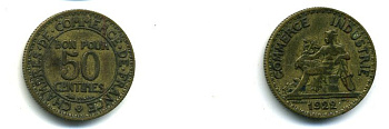 Франция 50 сантимов 1922 тип Chambre de Commerce KM 884, Le Franc 191.5 алюминиевая бронза 35-757