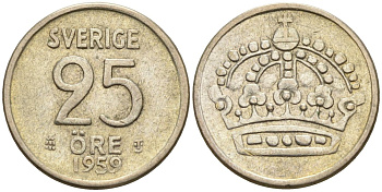 Швеция 25 эре 1959 TS, Густав VI Адольф (1950-1973) KM 824 серебро 4147-1067