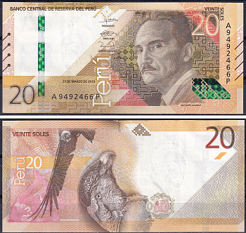 Перу 20 солей 2019 Хосе Мария Аргедас, кондор, цветок кантута  Pick 197  бумага  UNC (пресс) 448-107-2