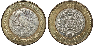 Мексика 10 песо 1999 Мо, бог Тонатиуха с огненной маской KM 616 биметалл UNC 4367-1046