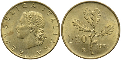 Италия 20 лир 1972 R, дубовая ветвь KM 97.2 алюминиевая бронза 4171-913