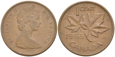Канада 1 цент 1965 Елизавета II (1952-2022), кленовый лист KM 59.1 бронза 4532-443