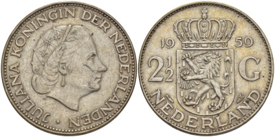 Нидерланды 2 1/2 гульдена 1959 Юлиана (1948-1980) KM 185 серебро 82-1144