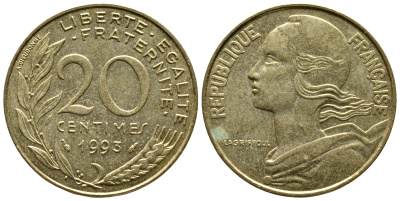 ФРАНЦИЯ 20 САНТИМОВ 1993 KM 930 медь алюминий никель 93-1356