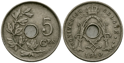 Бельгия 5 сантимов 1910 Belgie KM 67 медно-никель 4173-161