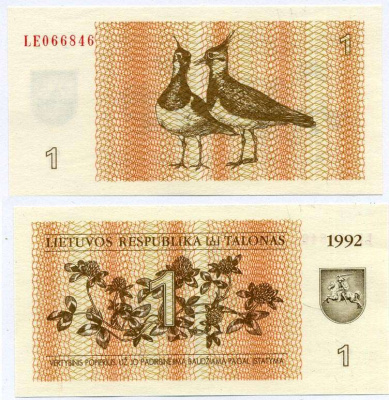 ЛИТВА 1 ТАЛОН 1992 ПТИЧКИ ЧИБИСЫ Pick 39, Сергеев 31 бумага UNC (ПРЕСС) 3295-21-1-2