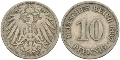 Германия 10 пфеннигов 1897 A KM 12, J. 13 медно-никель 4401-1013
