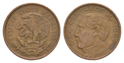 Мексика 10 сентаво 1957 KM 433 бронза 4656-1152