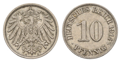 Германия 10 пфеннигов 1914 A, Вильгельм II (1888-1918) KM 12, J. 13 медно-никель 4636-1042
