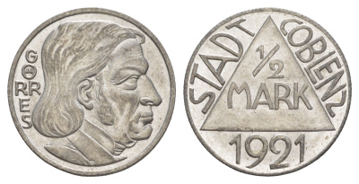 Кобленц 1/2 марки 1921 Funck 80.9A, Men05 4526.18, Men18 5727.18/20 сталь UNC 4586-911