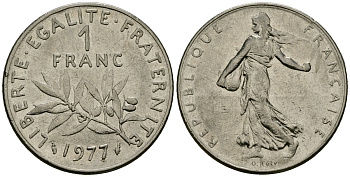 Франция 1 франк 1977 сеятель KM 925.1, Le Franc 226.4 никель 4138-921