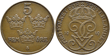 Швеция 5 эре 1919 Густав V (1907-1950) KM 779.2 бронза 4394-843