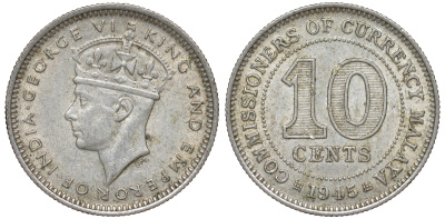 Британская Малайя 10 центов 1943 Георг VI (1937-1952) KM 4a серебро 53-227
