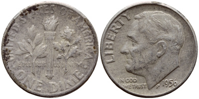 США 10 центов (дайм) 1956 президент Рузвельт KM 195 серебро 00-00