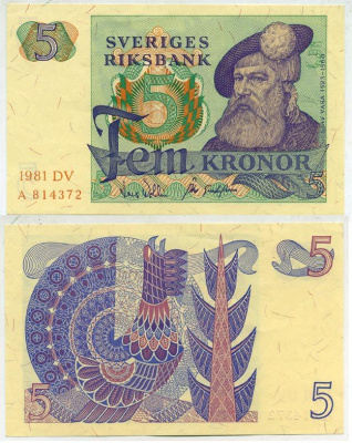 Швеция 5 крон 1981 DV, Густав I Ваза Pick 51d бумага aUNC 444-62-2
