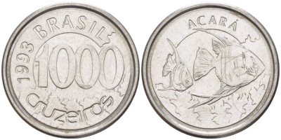 Бразилия 1000 крузейро 1993 реформа 1990-1993, рыбка Акара KM 626 нержавеющая сталь 26-1053