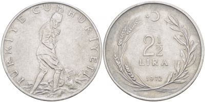 ТУРЦИЯ 2 1/2 ЛИРЫ 1972 KM 893.2 сталь 215-415