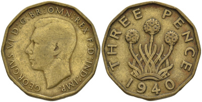 Великобритания 3 пенса 1940 Георг VI (1936-1952) KM 849, Spink 4112 никель латунь 4146-323