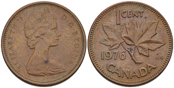 Канада 1 цент 1976 Елизавета II (1952-2022), кленовый лист KM 59.1 бронза 76-323