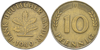 ФРГ 10 ПФЕННИГОВ 1949 J KM 103, J. 378 сталь плакированная латунью 4182-734