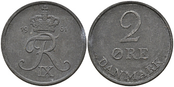 Дания 2 эре 1961 C; S, Фредерик IX (1947-1972) КМ 840.2 цинк    4603-241
