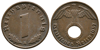 Германия 1 рейхспфенниг 1937 A KM 89, J. 361 бронза    220-211