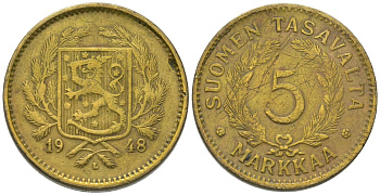 Финляндия 5 марок 1948 L KM 31a латунь 4586-425