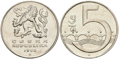 Чехия 5 крон 1993 чешский лев, Карлов мост KM 8 сталь плакированная никелем 08-931