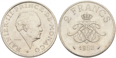 Монако 2 франка 1982 Ренье III (1949-2005) KM 157 никель 73-1635