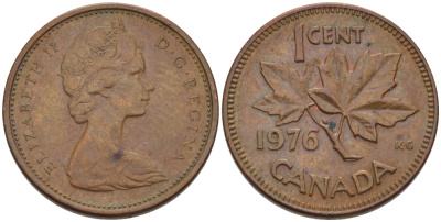 Канада 1 цент 1976 Елизавета II (1952-2022), кленовый лист KM 59.1 бронза 76-323