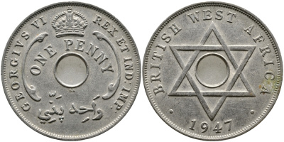 Британская Западная Африка 1 пенни 1947 Георг VI (1937-1952) KM 19 медно-никель 1523-524