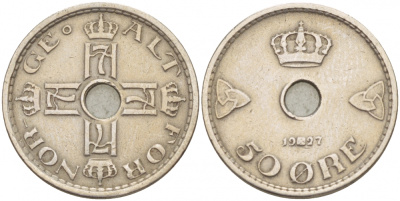 Норвегия 50 эре 1927 Хокон VII (1905-1957) KM 386 медно-никель 4548-356