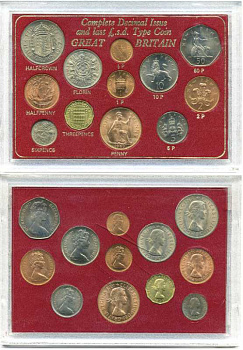 Великобритания набор из 12 монет 1967-1977 переход с двенадцатеричной денежной системы на десятичную, в пластиковой упаковке UNC 3-6-4-7