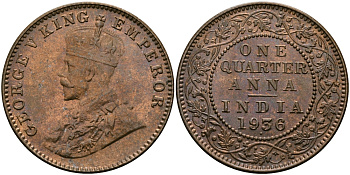 Британская Индия 1/4 анна 1936 Георг V (1910-1936) KM 512 бронза UNC 94-242