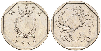 Мальта 5 центов 1993 краб KM 95 медно-никель 4588-133