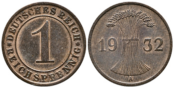ГЕРМАНИЯ 1 РЕЙХСПФЕННИГ 1932 A KM 37, J. 313 бронза 39-1057