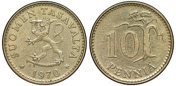 ФИНЛЯНДИЯ 10 ПЕННИ 1970 S KM 46 алюминиевая бронза 3334-1126