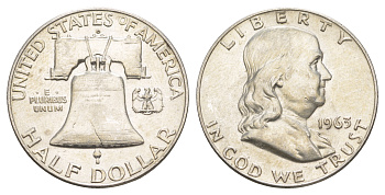 США 1/2 доллара (50 центов) 1963 Бенджамин Франклин, колокол KM 199 серебро  aUNC  4574-1143
