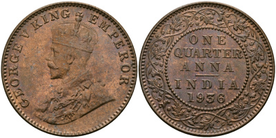 Британская Индия 1/4 анна 1936 Георг V (1910-1936) KM 512 бронза UNC 94-242