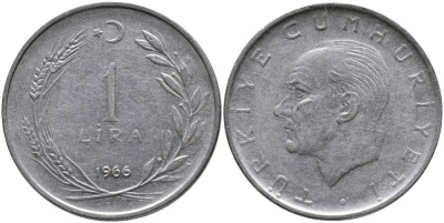 Турция 1 лира 1966 Мустафа Кемаль Ататюрк 889а.1 нержавеющая сталь 4541-1233