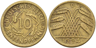 ГЕРМАНИЯ 10 РЕНТЕНПФЕННИГОВ 1924 D KM 33, J. 309 алюминиевая бронза 4401-413