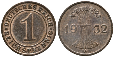 ГЕРМАНИЯ 1 РЕЙХСПФЕННИГ 1932 A KM 37, J. 313 бронза 39-1057
