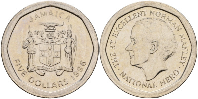 Ямайка 5 долларов 1996 KM 163 нержавеющая сталь UNC 4118-533