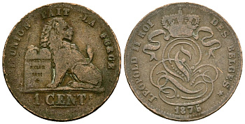 Бельгия 1 сантим 1876 Belges, Леопольд II (1865-1909) KM 33.1 медь 4164-1028