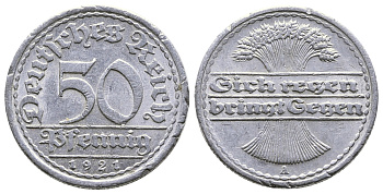 Германия 50 пфеннигов 1921 A KM 27, J.301, Weege 10 алюминий 4380-823