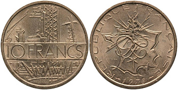 Франция 10 франков 1978 тип Матье KM 940, Le Franc 365.11-12 никель латунь 181-443